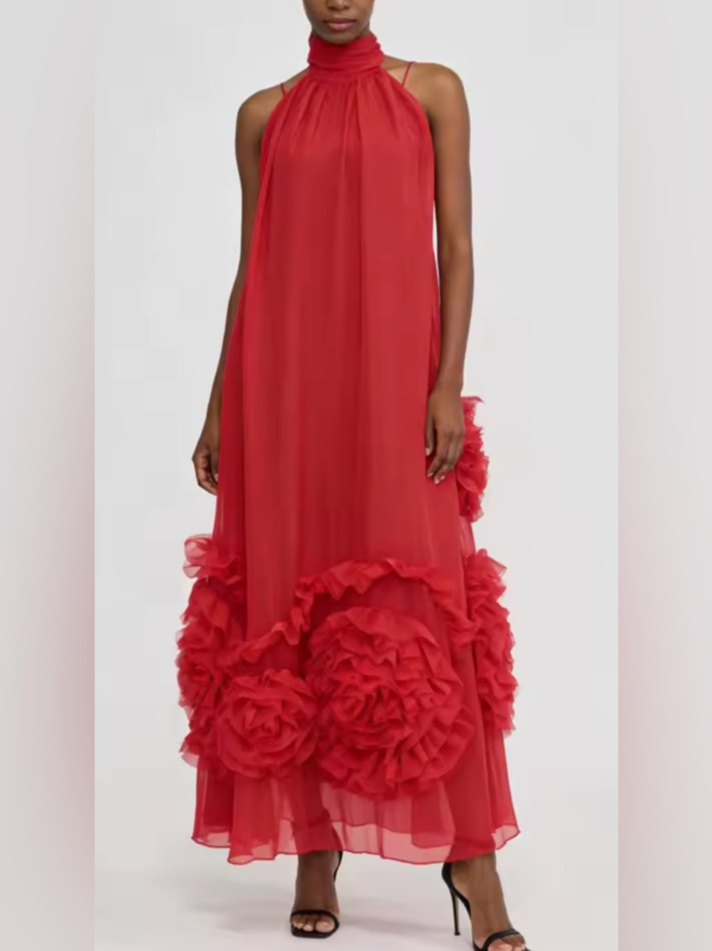 NEW $325 Red High-Neck Maxi Dress with Floral Ruffle Hem